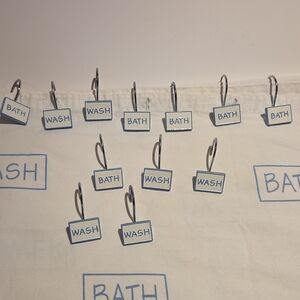 Blue 'Bath/Wash' Shower Curtain Hooks Clean Coastal Look Minimalist Farmhouse